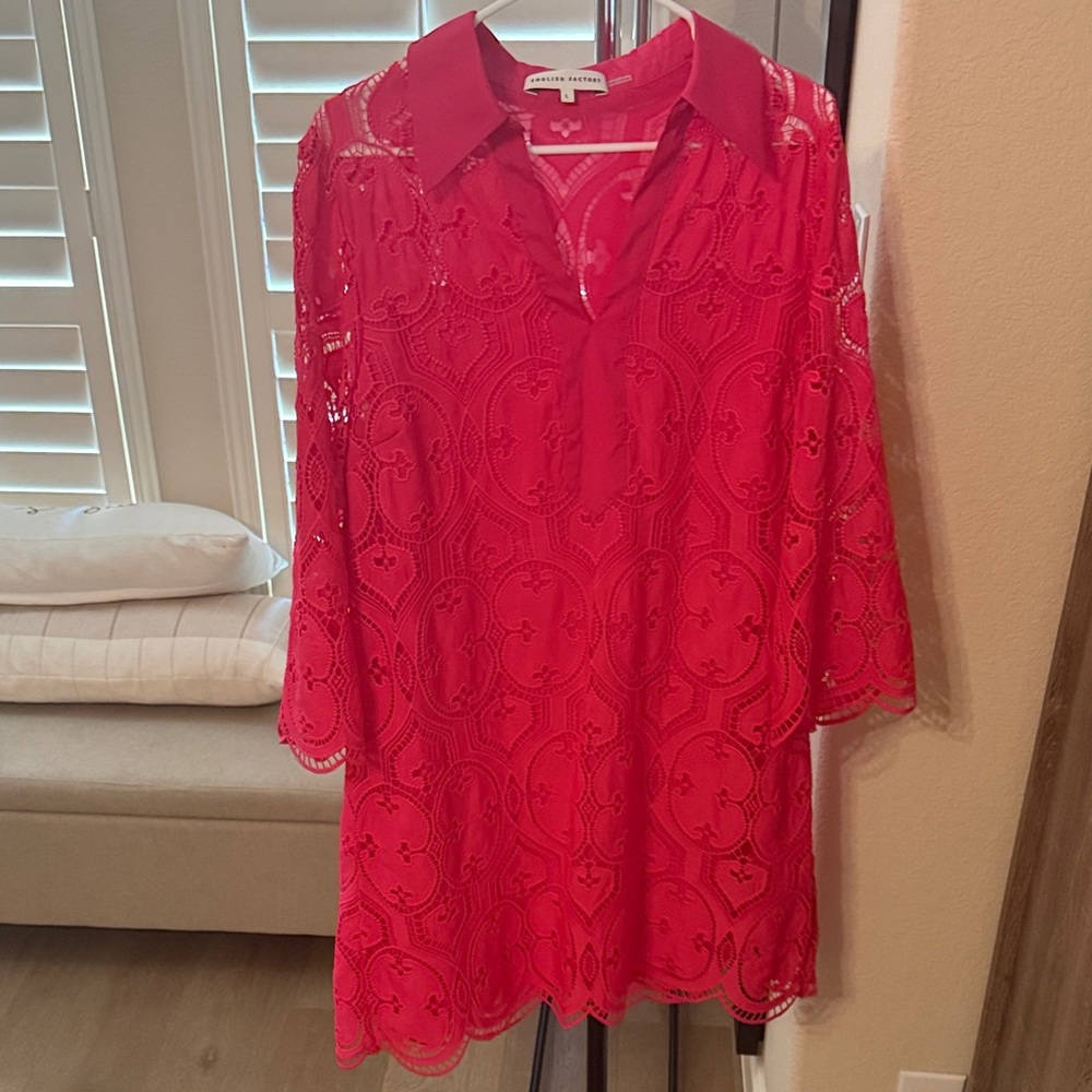 Women's pink Lace Collared Tunic Dress